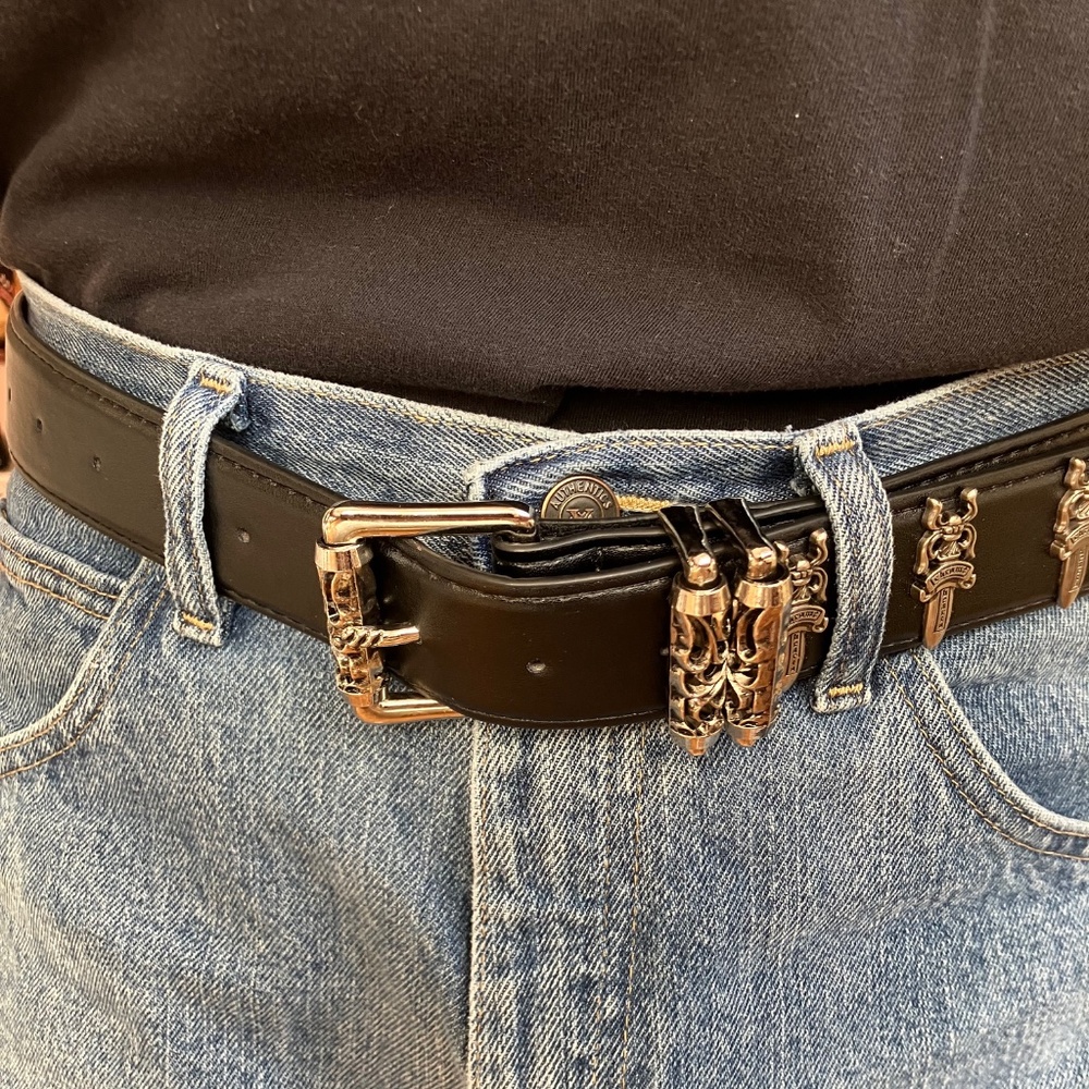 Chrome Hearts Style Leather Belt w/Sterling Silver Rollers Daggers CH ret. $1400